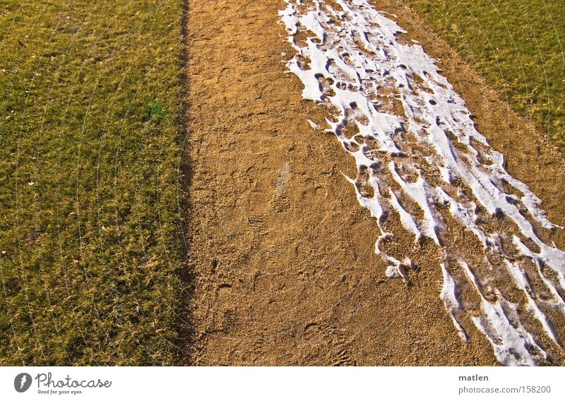 springtime tracks Schnee Spuren Rasen Wiese Frühling Schneespur Menschenleer Fußweg Spazierweg Zentralperspektive Sandweg Schotterweg Fußspur