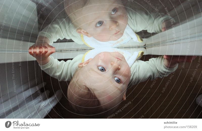 Mal sehen wie das Wetter so wird ... Gesicht Spiegel Kind Baby Kleinkind Mädchen Junge Auge Mund Hand 1 Mensch 0-12 Monate Fenster Tür Blick authentisch Schutz