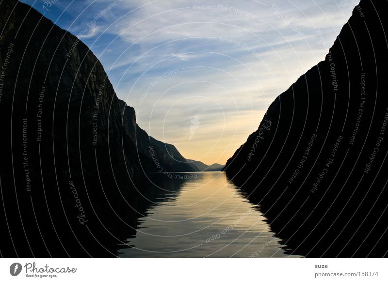 Lysefjord Fjord Meer Norwegen ruhig Berge u. Gebirge Einsamkeit blau Küste Berghang Felsen Geröll Skandinavien Wasser frei Freiheit Wolken Himmel Haufen Natur