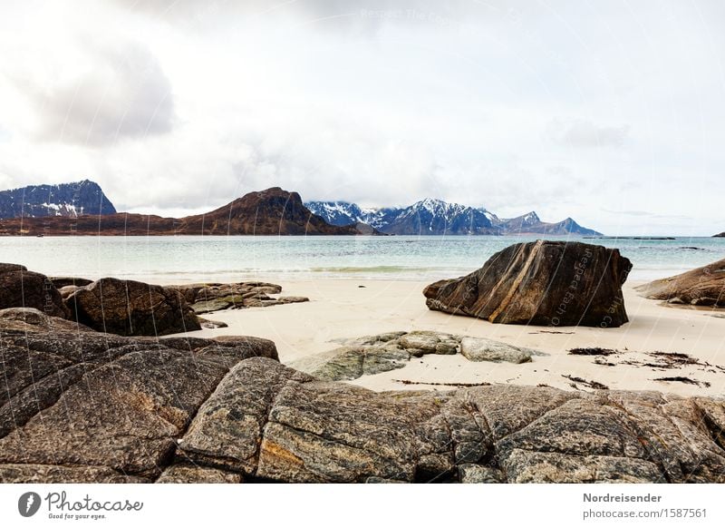 Lofoten Ferien & Urlaub & Reisen Meer Natur Landschaft Urelemente Sand Wasser Himmel Wolken Sommer Regen Felsen Berge u. Gebirge Küste Strand Bucht Fjord Stein