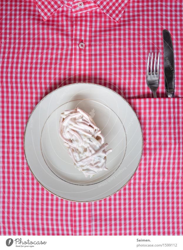 Fleischsalat auf Brötchen karriert hemd Knöpfe Knopf Hemdkragen Kragen Fleich Ernährung Nahrung bester Stadt Essen Kassiererin Gabel messer Lebensmittel