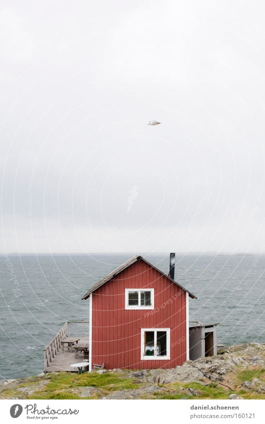 Ferienhäuschen Haus Hütte Meer Schweden Skandinavien Himmel Wetter Sommer Holz rot blau Wasser Horizont Licht Farbe Strand Küste