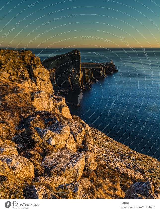 Neist Point Umwelt Urelemente Erde Luft Wasser Himmel Wolkenloser Himmel Horizont Sonne Sonnenaufgang Sonnenuntergang Sonnenlicht Frühling Schönes Wetter Felsen