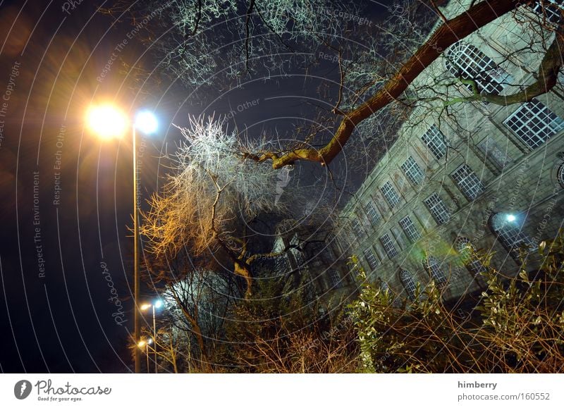 midnight crises Architektur Gebäude historisch Altbau Düsseldorf Geisterstunde Geisterhaus Geisterstadt unheimlich Fassade Park Baum Scheinwerfer Laterne