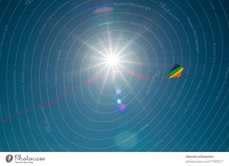 Sommer, Sonne, Drachen steigen lassen Wind Lenkdrachen Kiting Farbe mehrfarbig fliegen Sonnenstrahlen Wetter Licht Himmel blau Freude Himmelskörper & Weltall