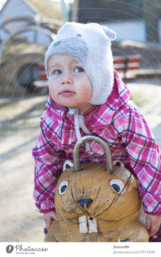 I'm looking for? feminin Kind Kleinkind Mädchen Kindheit 1 Mensch 1-3 Jahre beobachten nachdenklich hängen lassen Mütze Frühling schön Hamster Spielplatz