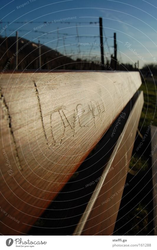 love is in the air Holz Schriftzeichen Liebe Gefühle Pause Bank Buchstaben ruhig Liebesbekundung altmodisch Furche Holzbank Erinnerung braun Liebeserklärung