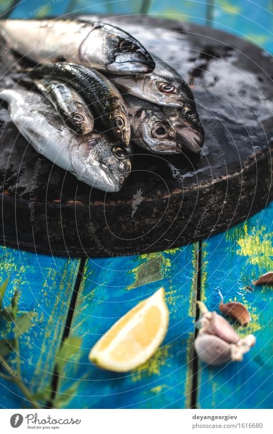 Roher Fisch. Dorade, Wolfsbarsch, Makrele und Sardinen Meeresfrüchte Mittagessen Pfanne Koch frisch blau schwarz Zitrone roh Fett Zutaten Mahlzeit Speise