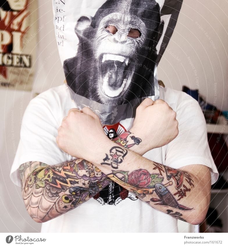 Kiss me I'm Punk mehrfarbig Freude Mann Erwachsene Tattoo Maske lustig Wut Kraft Affen Karnevalskostüm Kostüm Witz Punkrock Generation gekreuzt affig