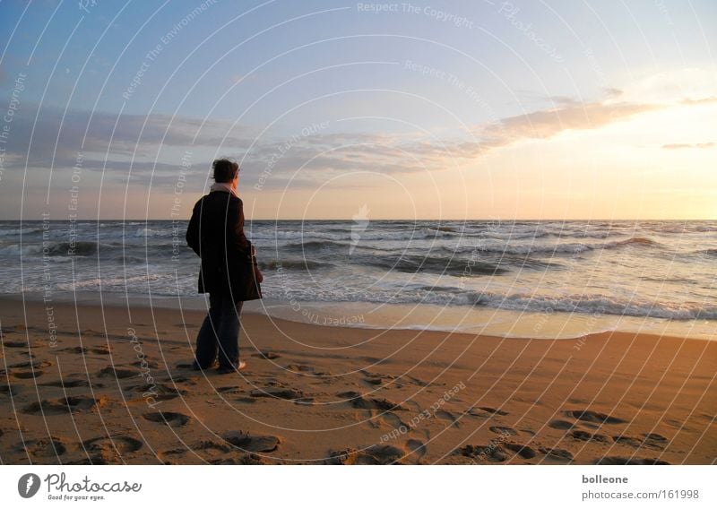 Sehnsucht nach Meer Sonnenuntergang Sand Strand Wellen Licht Himmel Ferien & Urlaub & Reisen Gedanke Spuren ruhig Natur Küste Sommer