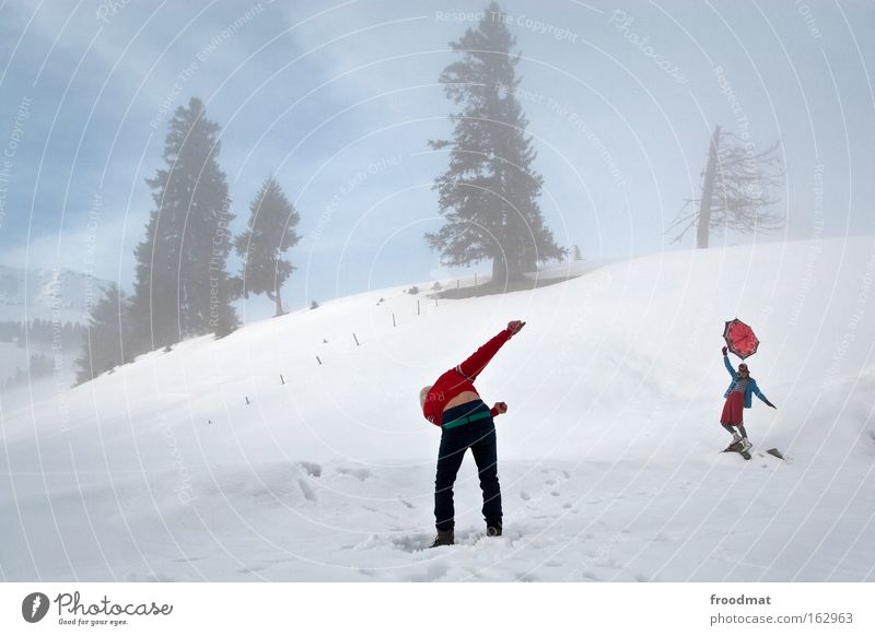 dirty dancing Nebel Schnee Berge u. Gebirge Schweiz Regenschirm Sturm kalt Winter Baum Frau Zufriedenheit Surrealismus Himmel sehr wenige trist Tanzen