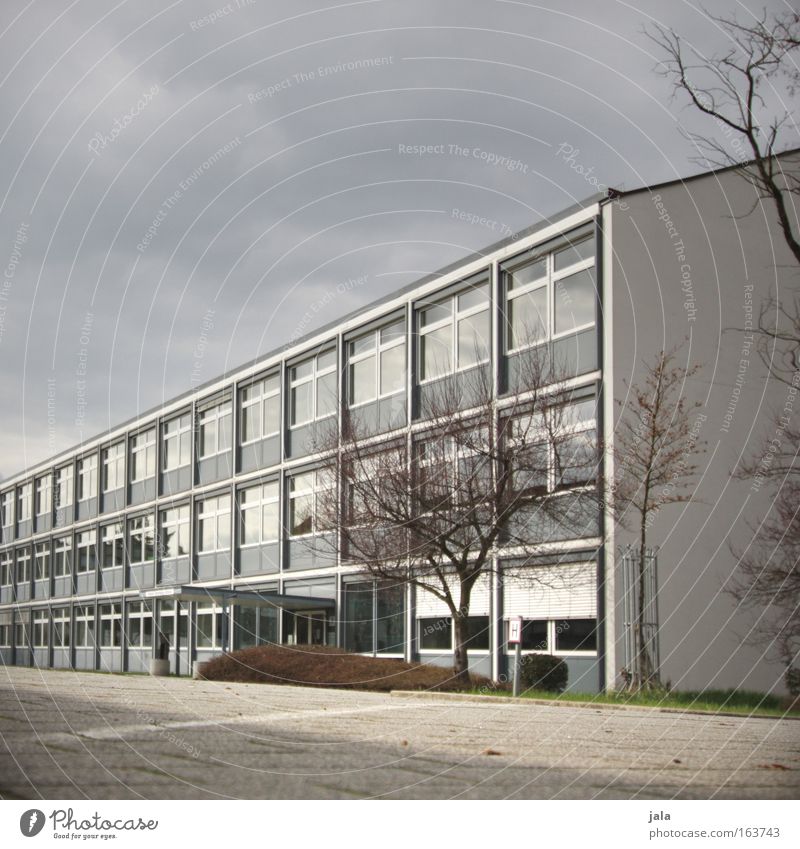 vorübergehend geschlossen! Gedeckte Farben Außenaufnahme Menschenleer Dämmerung Schatten Froschperspektive Schule Schulgebäude Schulhof Gewitterwolken Baum Haus