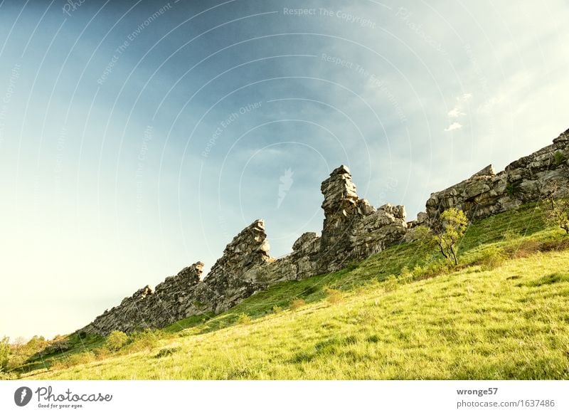 Felswand Natur Landschaft Erde Luft Himmel Wolken Sommer Gras Sträucher Felsen alt gigantisch blau braun gelb grau grün Teufelsmauer Gesteinsformationen