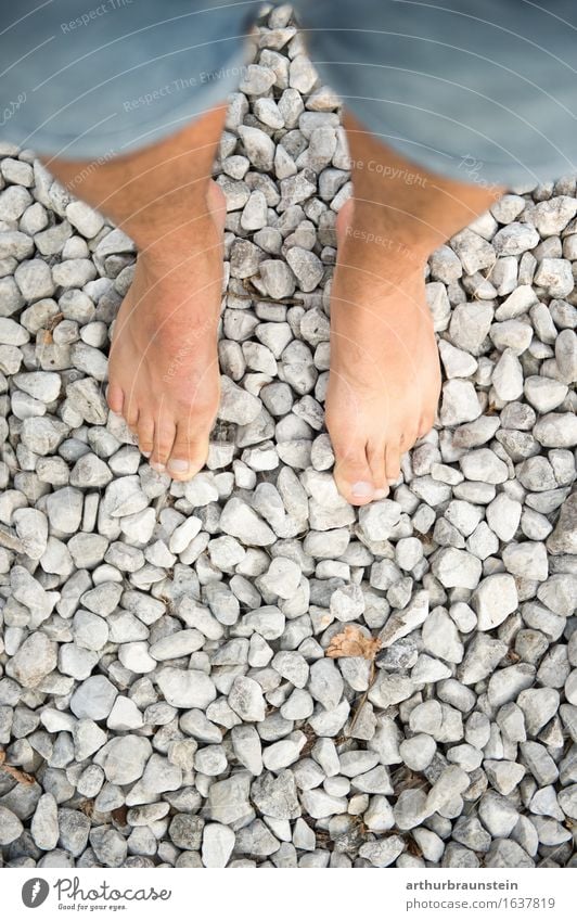 Barfuß gehen auf Steinen barfuß stehen Vogelperspektive Jeanshose gestein Kieselstrand Kieselsteine Steinstrand Untergrund küste Außenaufnahme natur