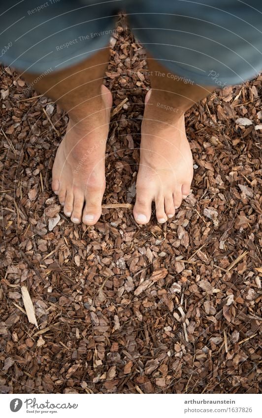 Barfuß auf Holzspänen Rindenmulch Pediküre Gesundheit Leben Zufriedenheit Ausflug Freiheit Spaziergang Mensch maskulin Junger Mann Jugendliche Erwachsene Fuß 1