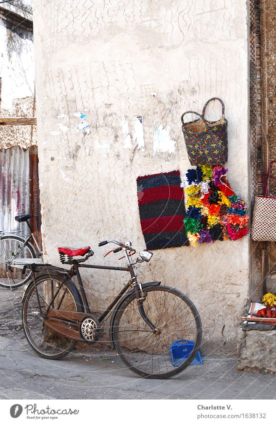 Stillleben mit Kehrschaufel Stone Town Sansibar Tansania Afrika Hauptstadt Hafenstadt Stadtzentrum Fußgängerzone Mauer Wand Fahrradfahren Tasche Schaufel