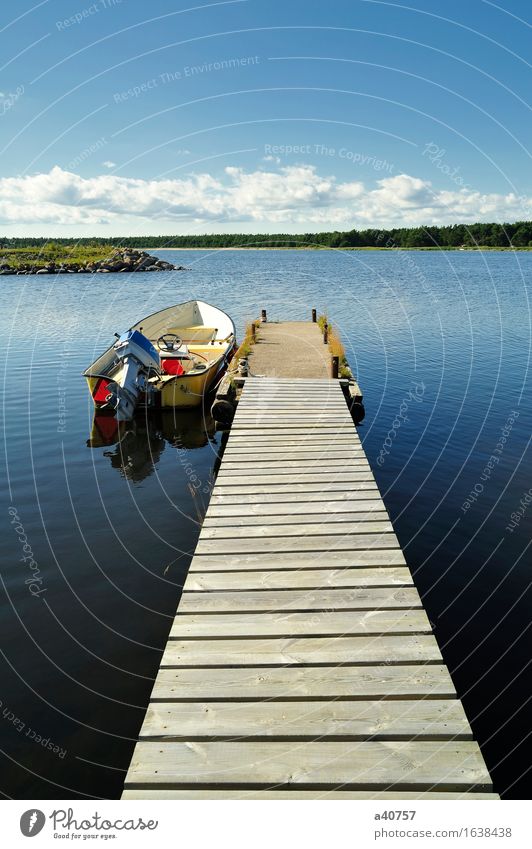 Schweden See Angeln nautisch Anlegestelle Fischerboot Sommer Wald Außenbordmotor Motor Triebwerke Lokomotive Sverige Gotland Wasser Himmel Skyline