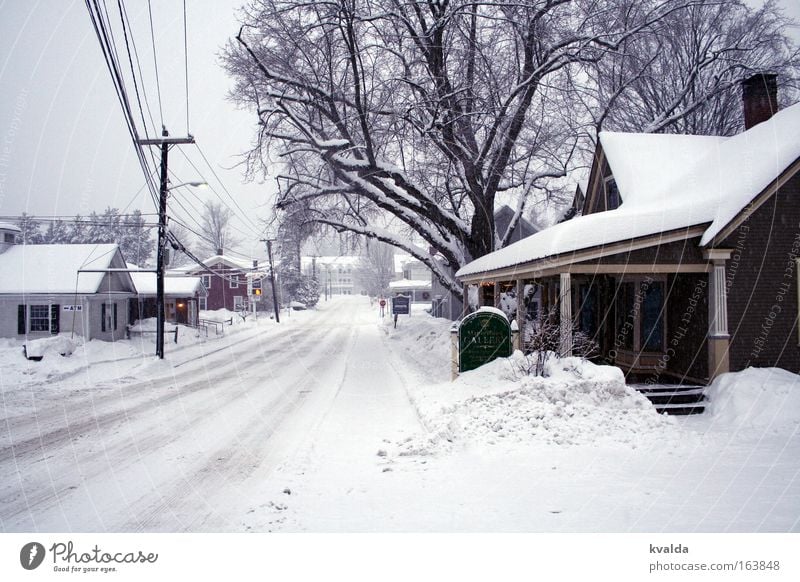 Verschneite Straße Gedeckte Farben Außenaufnahme Menschenleer Tag Zentralperspektive Winter Schnee USA Amerika Dorf Kleinstadt Stadtrand Haus Einfamilienhaus