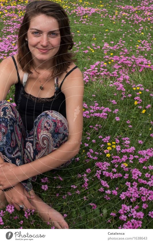 Pinke Blümchen und eine junge Frau feminin Junge Frau Jugendliche 1 Mensch 18-30 Jahre Erwachsene Natur Pflanze Blume Blüte Kleeblüte Garten Blumenwiese Blühend