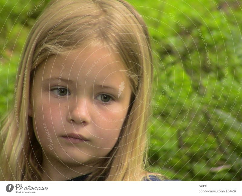 Ich bin so ernst Kind Mädchen Natur blond langhaarig Denken skeptisch Farbfoto Außenaufnahme Textfreiraum rechts Zentralperspektive Blick nach vorn