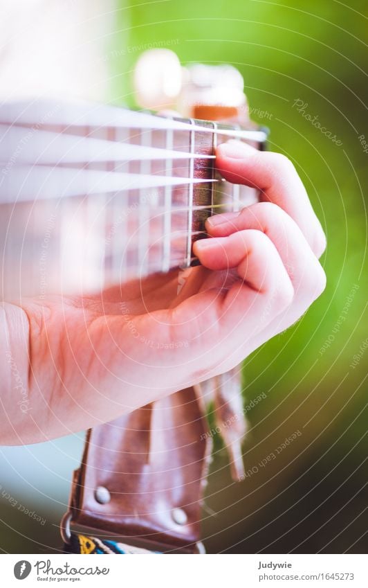 Akkordarbeit Hand Musik Konzert Open Air Sänger Musiker Gitarre Musikinstrument Akustikgitarre Klassik lernen Spielen retro grün Leidenschaft fleißig