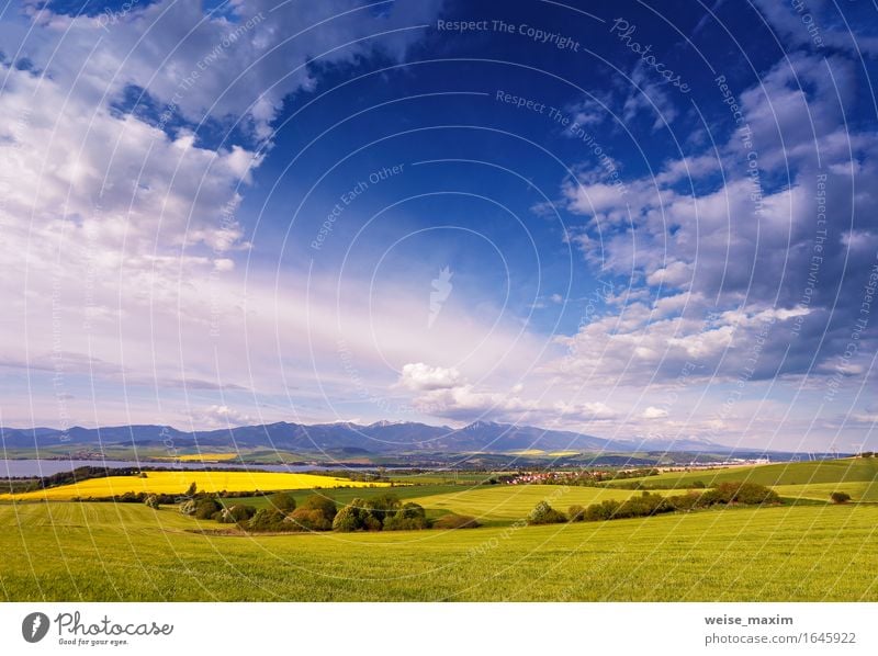 Stadt und grüne Frühlingshügel in der Slowakei. Mai sonnige Landschaft schön Ferien & Urlaub & Reisen Tourismus Sommer Berge u. Gebirge Haus Garten Umwelt Natur