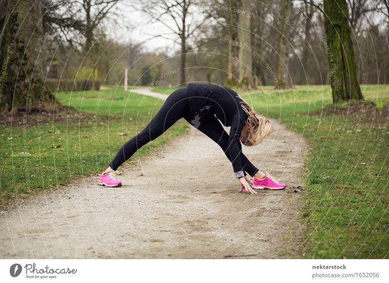 attarcive Frau, die sich im Park ausdehnt. Lifestyle Körper Wellness Winter Sport Mensch Erwachsene Baum Wege & Pfade Fitness sportlich üben Gesundheit Training