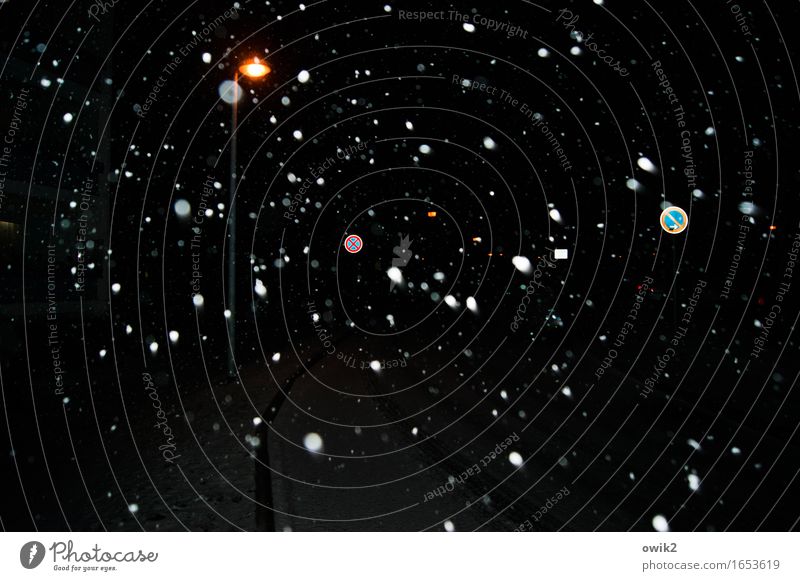 Kaltes Flirren Umwelt Natur Winter Klima Schönes Wetter Eis Frost Schneefall Straße Verkehrszeichen Verkehrsschild Straßenbeleuchtung leuchten dunkel glänzend