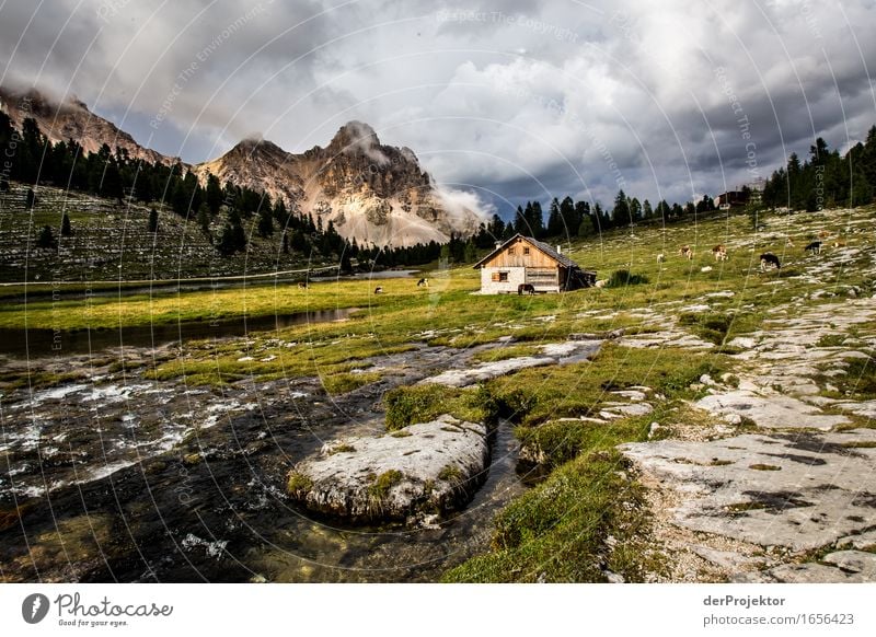 Hütte mit Bach auf Alm in den Dolomiten Zentralperspektive Starke Tiefenschärfe Sonnenstrahlen Sonnenlicht Lichterscheinung Silhouette Kontrast Schatten Tag