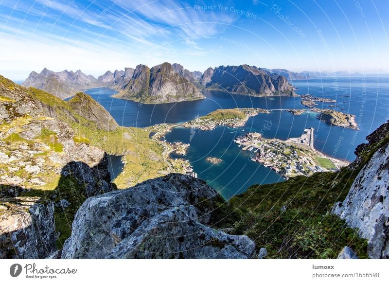 nordic view Umwelt Natur Landschaft Sommer Schönes Wetter Felsen Berge u. Gebirge Küste Bucht Fjord Meer Insel Hafen blau grau grün Ferien & Urlaub & Reisen