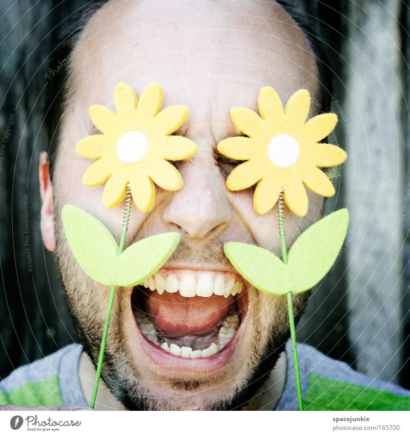 Flower Power Farbfoto Außenaufnahme Porträt Gesicht Sommer Kopf Bart 1 Mensch Punk Natur Frühling Pflanze Blume Blüte kurzhaarig schreien Aggression bedrohlich