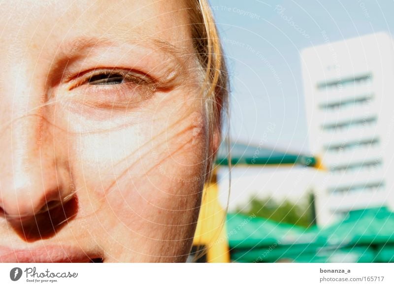 sandra. Farbfoto Außenaufnahme Nahaufnahme Detailaufnahme Makroaufnahme Textfreiraum rechts Tag Licht Sonnenlicht Zentralperspektive Porträt Vorderansicht Blick