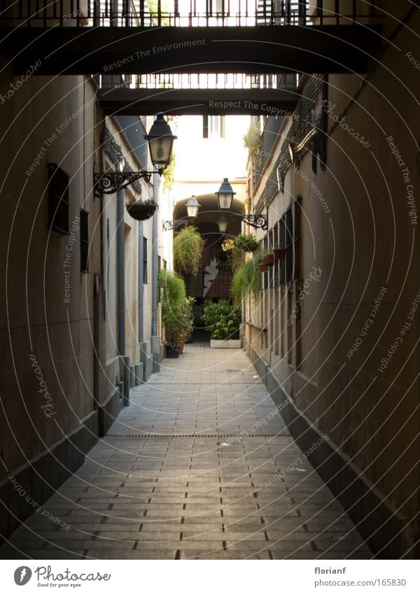 Eine Gasse in Barcelona Farbfoto Außenaufnahme Schwache Tiefenschärfe Weitwinkel Spanien Europa Altstadt Menschenleer Fassade alt Laterne Innenhof Stadt