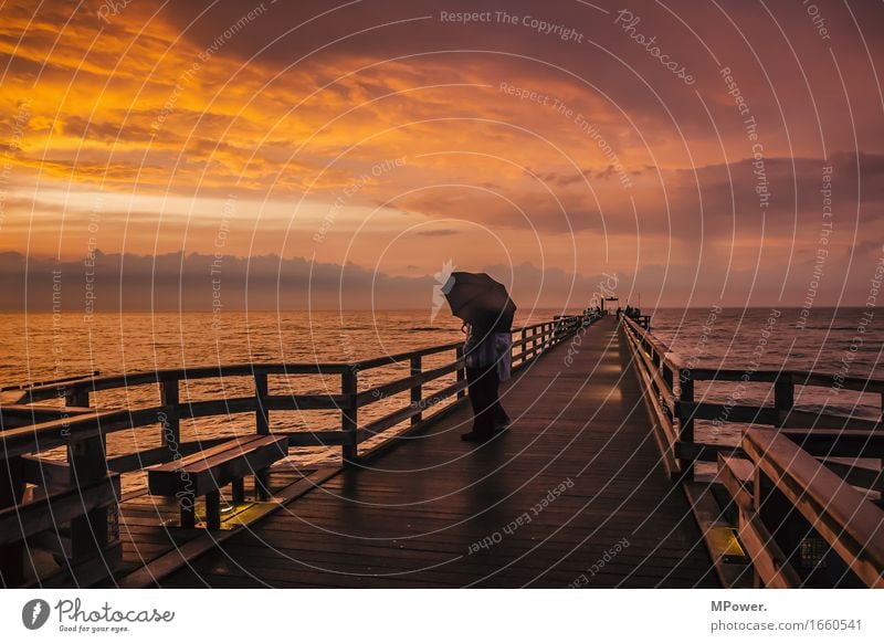 auf der seebrücke Schönes Wetter schlechtes Wetter Wind Ostsee Steg Abenddämmerung glühen Wellen Meer Küste Holz rot ruhig Erholung Aussicht