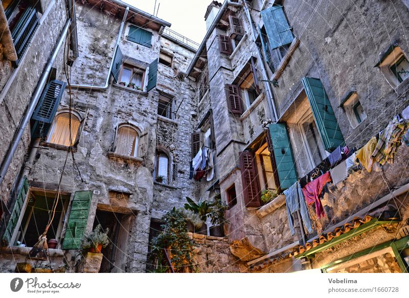 Haus in Rovinj, abends Stadt Altstadt Bauwerk Gebäude Architektur Fassade Häusliches Leben braun gelb grau grün rot Istrien Kroatien fenster Hinterhof