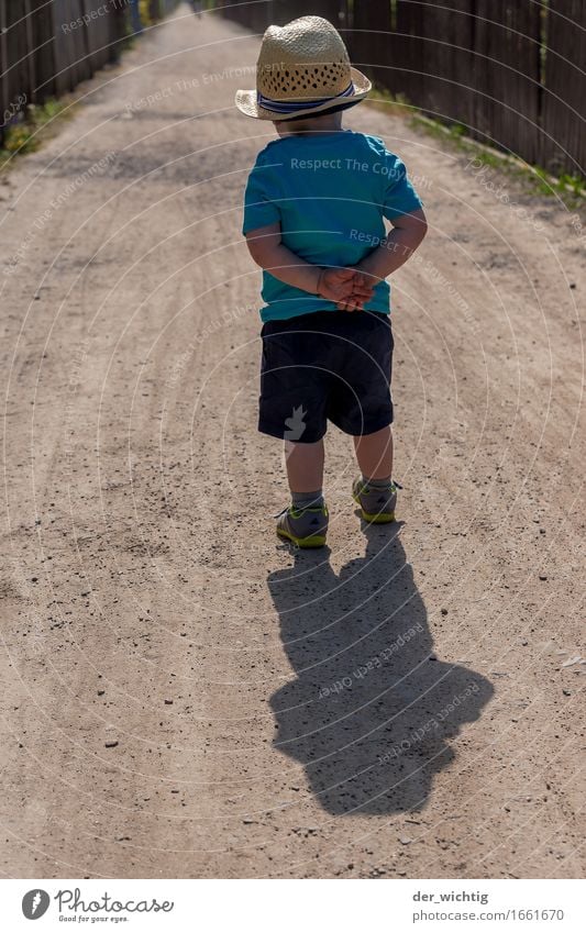 mal gucken gehen wandern Mensch maskulin Kind Junge 1 1-3 Jahre Kleinkind Sonne Sommer Schönes Wetter Wege & Pfade Schuhe Hut Zaun laufen Blick stehen