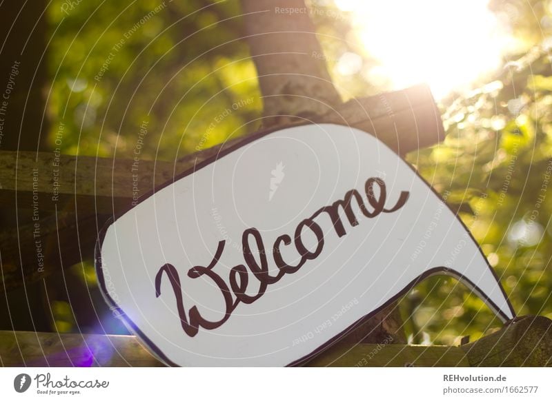 Welcome Umwelt Natur Baum Wald Zeichen Schriftzeichen Schilder & Markierungen Hinweisschild Warnschild frei Freundlichkeit Wärme grün Lebensfreude Vertrauen