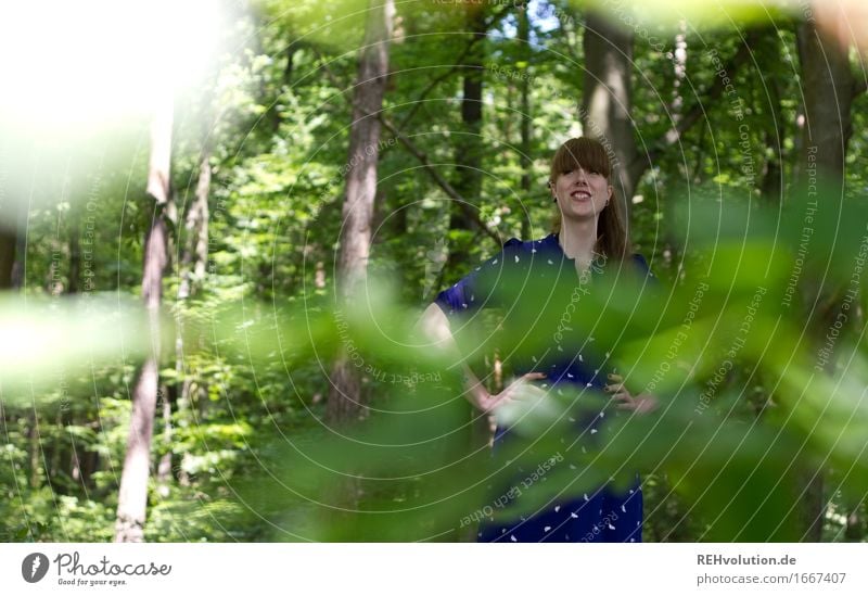 waldblick Mensch feminin Junge Frau Jugendliche 1 18-30 Jahre Erwachsene Umwelt Natur Baum Blatt Wald Kleid langhaarig Pony Zopf beobachten Lächeln wandern