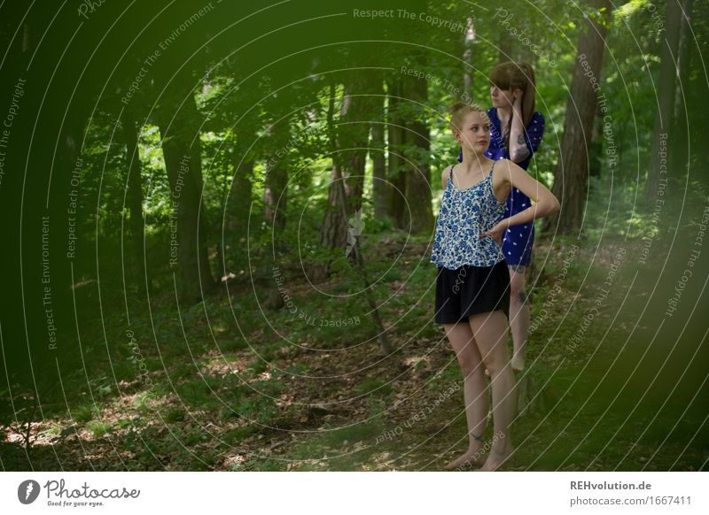 im wald Mensch feminin Junge Frau Jugendliche 2 18-30 Jahre Erwachsene Umwelt Natur Pflanze Baum Wald Tattoo beobachten Erholung stehen Zusammensein trendy