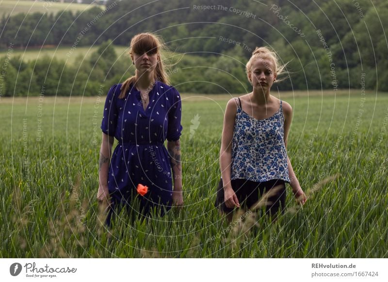 vor dem unwetter 2 Mensch feminin Junge Frau Jugendliche Erwachsene 18-30 Jahre Natur Landschaft schlechtes Wetter Wind Feld Kleid brünett blond langhaarig Pony