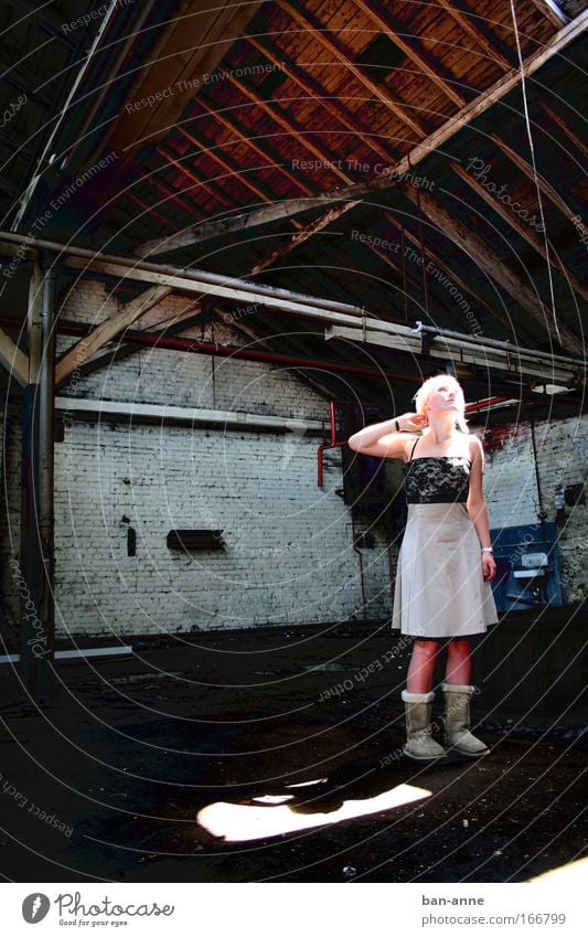 verlaufen? feminin Junge Frau Jugendliche 1 Mensch 18-30 Jahre Erwachsene Menschenleer Industrieanlage Fabrik Bauwerk Mauer Wand Kleid blond Stein Beton Holz