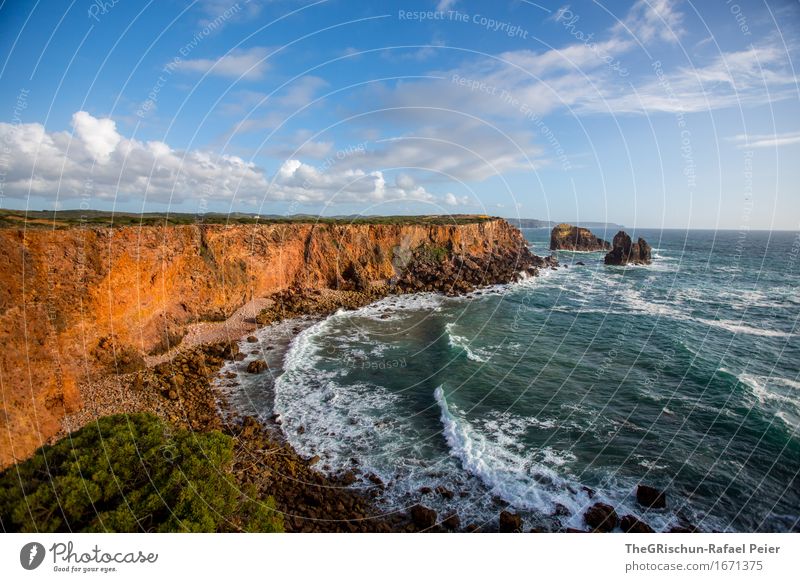 Klippe Umwelt Natur Landschaft Himmel Wolken blau braun gold türkis Algarve Portugal Küste Felsen Wasser Meer Stein Sonnenuntergang Stimmung