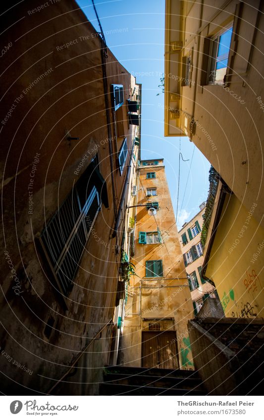 Genua Streets II Stadt Stadtzentrum Altstadt Menschenleer Haus blau braun gelb gold orange Fenster Treppe Blick nach oben Fensterladen Kabel Italien Farbfoto