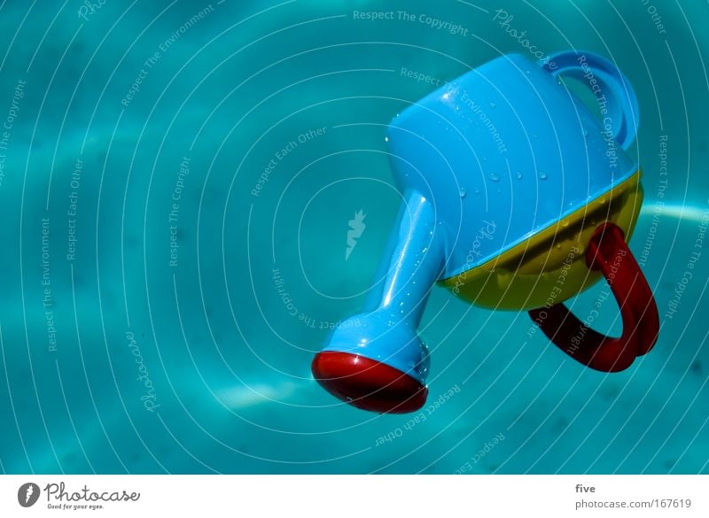 Volle Kanne! Farbfoto Außenaufnahme Textfreiraum links Tag Sonnenlicht Vogelperspektive Wasser Sommer Schönes Wetter Spielzeug Gießkanne Im Wasser treiben