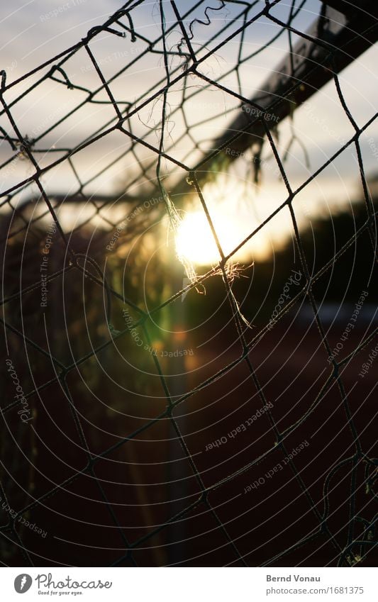 Schulsport Ballsport Sportstätten Fußballplatz schön Wärme ruhig Netz Tor alt kaputt Himmel gestänge Farbfoto Außenaufnahme Detailaufnahme Menschenleer