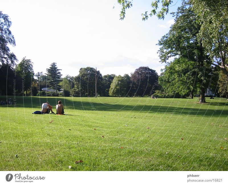 Grüne Lunge Darmstadt Park grün Pflanze Baum Gras Wiese Blatt Mann maskulin Frau 2 ruhig Zusammensein sprechen Herrngarten Natur Rasen Himmel Erholung Sonne