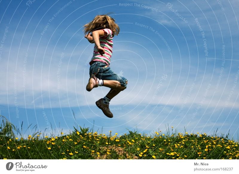 feel free II Außenaufnahme Spielen Sommer Mädchen Landschaft Himmel Schönes Wetter Gras Hügel blond springen toben wandern wild Fröhlichkeit Lebensfreude