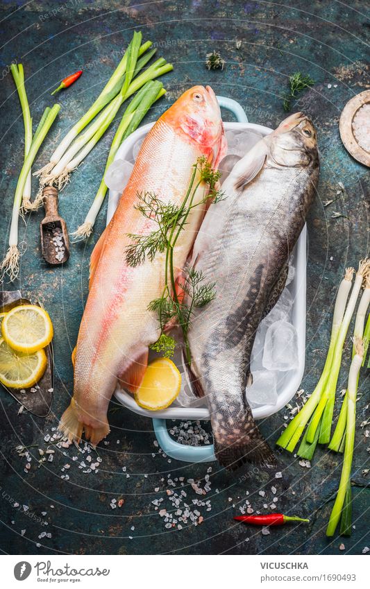 Forellen mit Eiswürfeln und frischen Zutaten fürs Kochen Lebensmittel Fisch Gemüse Kräuter & Gewürze Ernährung Mittagessen Abendessen Bioprodukte Diät Geschirr