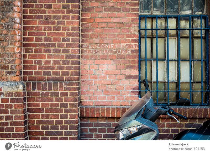 Eurokultur II Mauer Wand Fenster alt rot Solidarität Gitterfenster Straßenkunst Information Europapolitik Politik & Staat Farbfoto Außenaufnahme Menschenleer