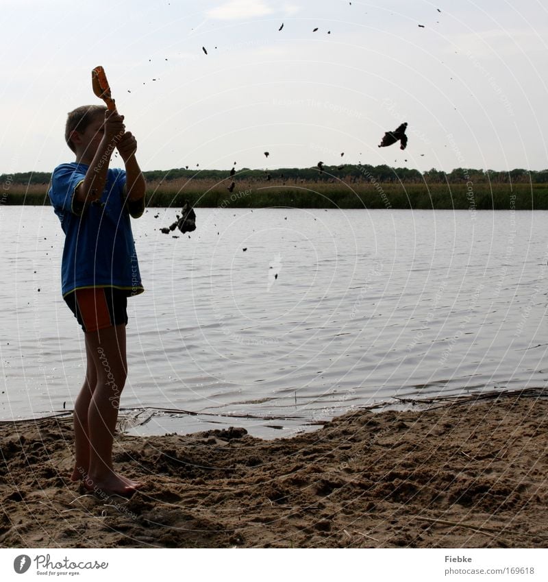 Schlammschlacht Farbfoto Außenaufnahme Textfreiraum rechts Tag Silhouette Ganzkörperaufnahme Halbprofil Freude Sommer Sommerurlaub Strand Kind Junge Kindheit